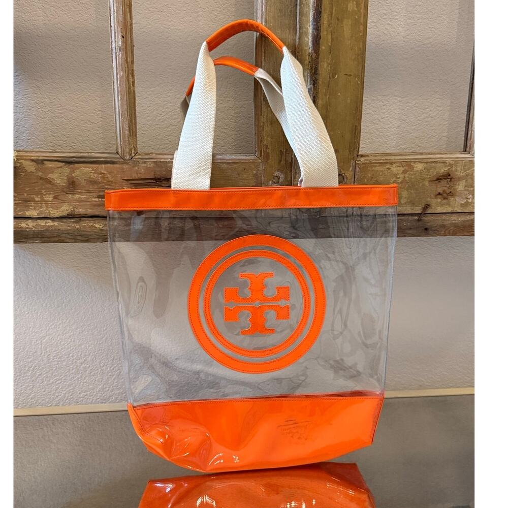 TORY BURCH Jessie Large Tote Bag Purse Handbag Orange Clear PVC gameday